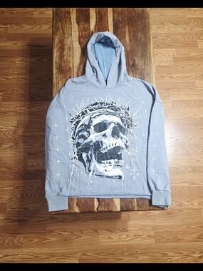 Men's Light Blue Graphic Skull Pullover Hoodie